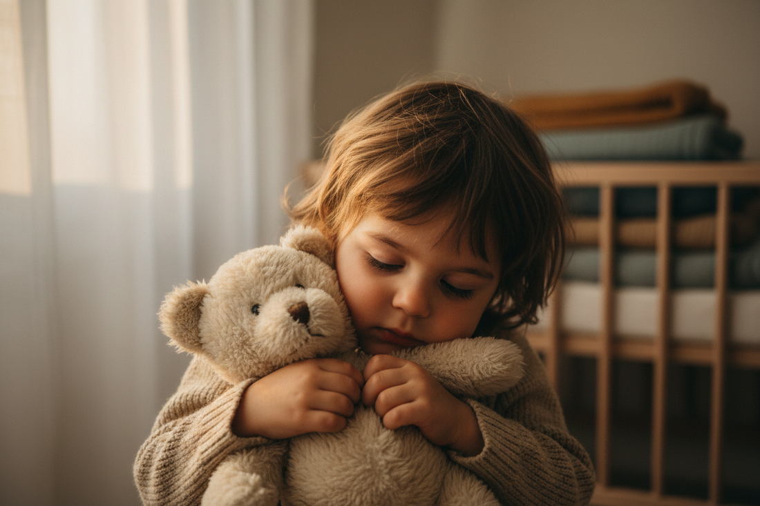 Child holding a teddy bear as a comfort object