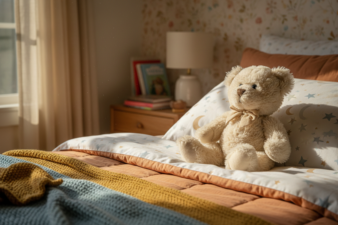 Soft plush teddy bear providing comfort to a child during bedtime