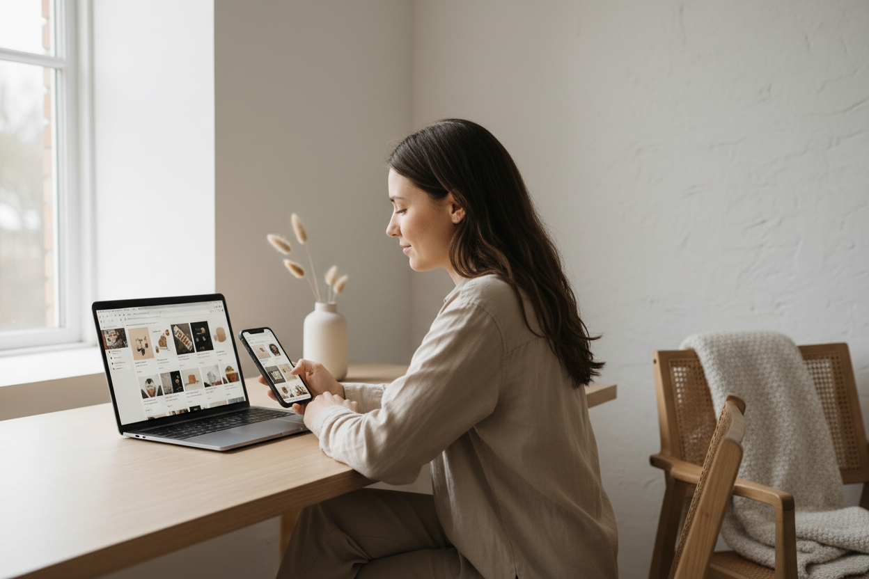 Person browsing online shopping options feeling overwhelmed by choices