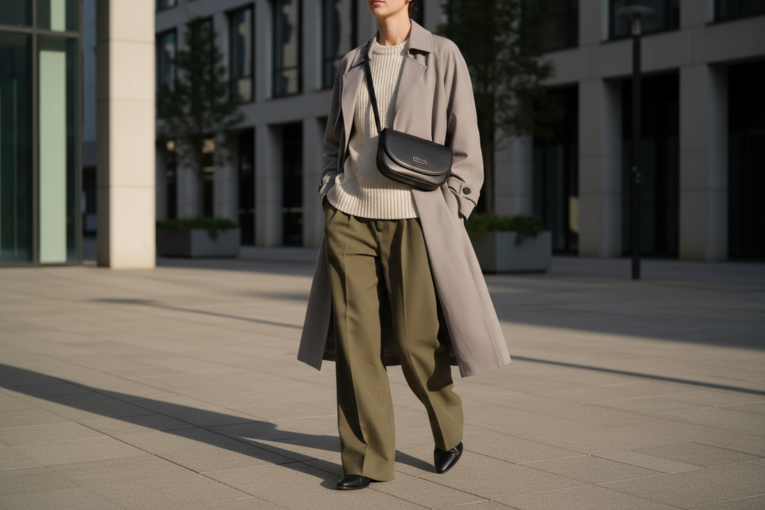 Modern crossbody bag worn across body in urban city setting
