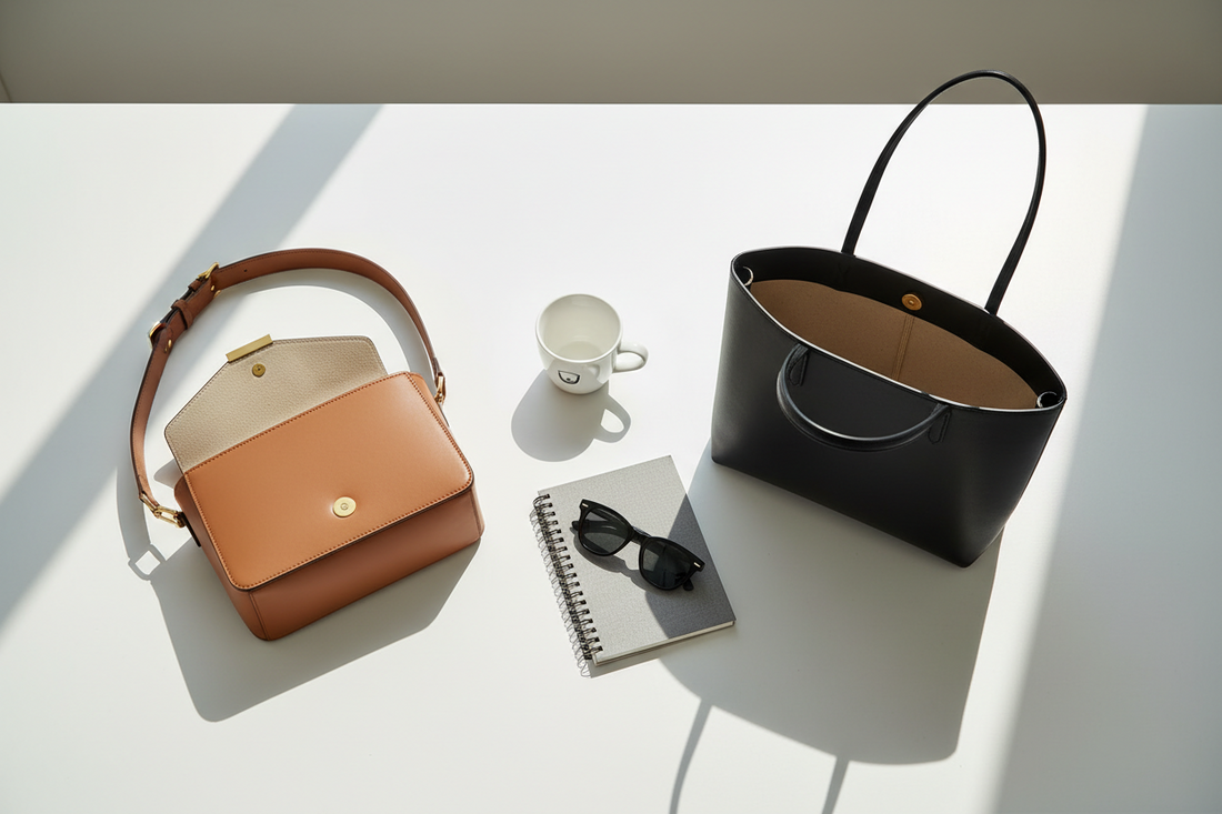 Side by side comparison of crossbody bag and tote bag in modern lifestyle setting