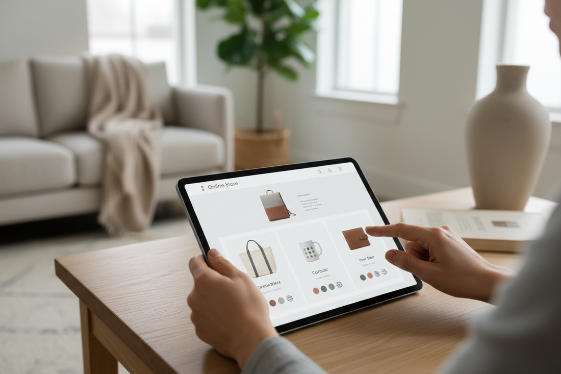 A modern online shopping experience showcasing customized lifestyle products with a calm, premium design aesthetic
