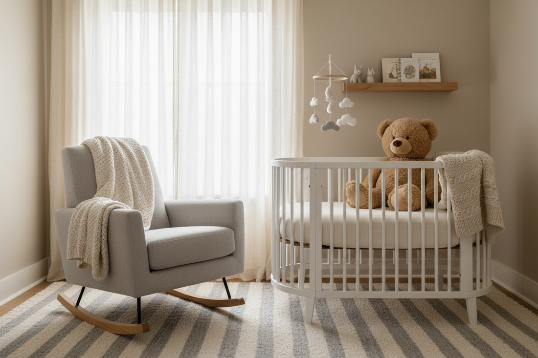 Calm nursery room with soft lighting and a comforting teddy bear for children