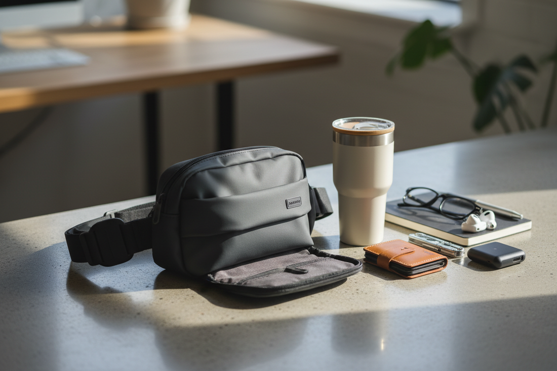 Modern everyday carry items including a functional bag, reusable tumbler, and organized personal accessories arranged for daily use.