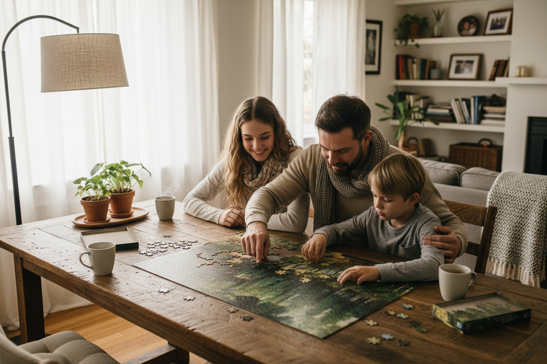 Family enjoying a calm game or puzzle time together