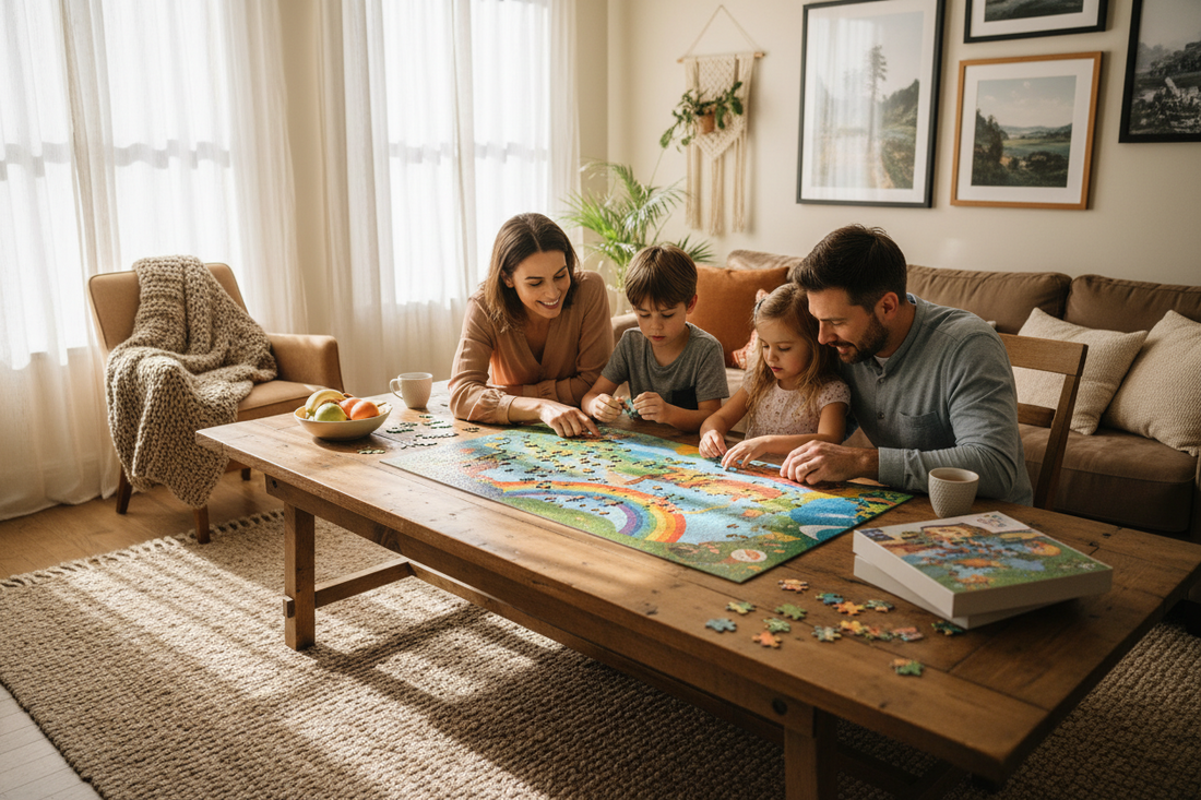 Family enjoying puzzle time together at home, building memories and bonding