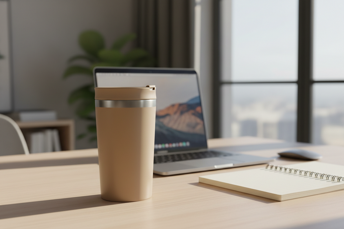 Reusable tumbler placed on a desk supporting daily hydration habits