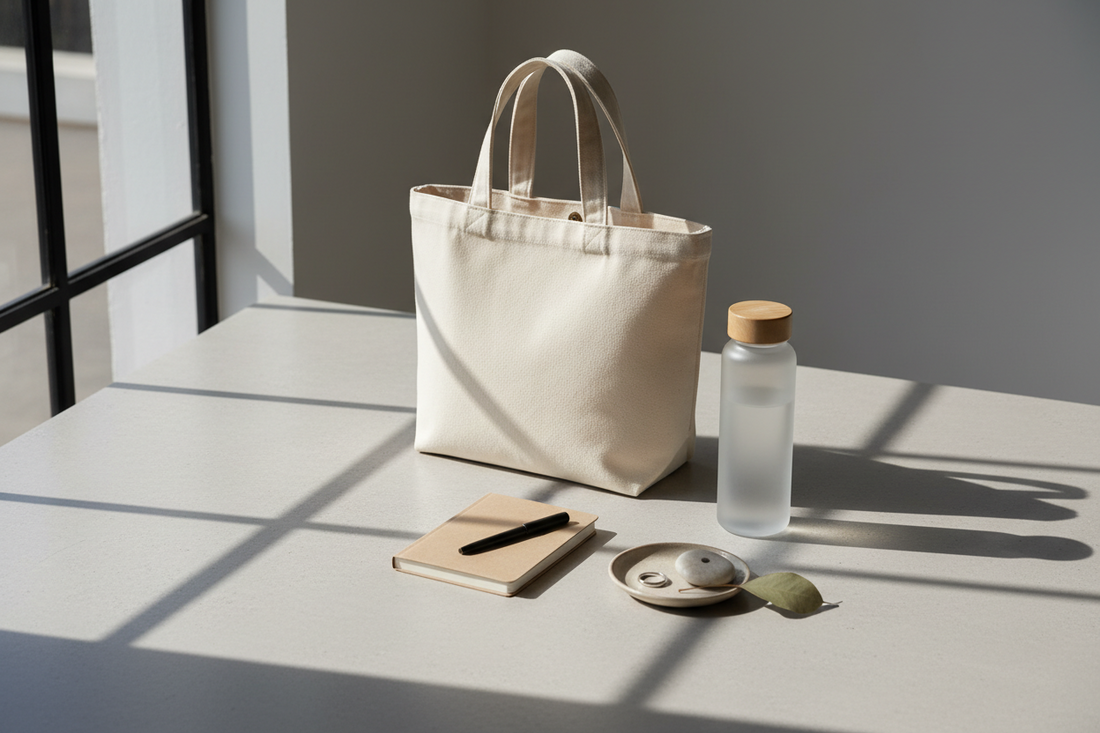 Minimalist lifestyle setup featuring a durable tote bag and essential everyday items