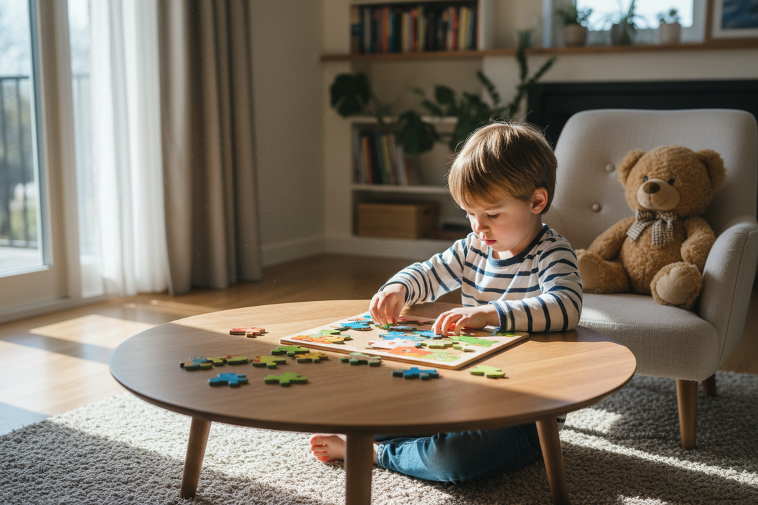 Child enjoying hands-on play with a jigsaw puzzle and teddy bear