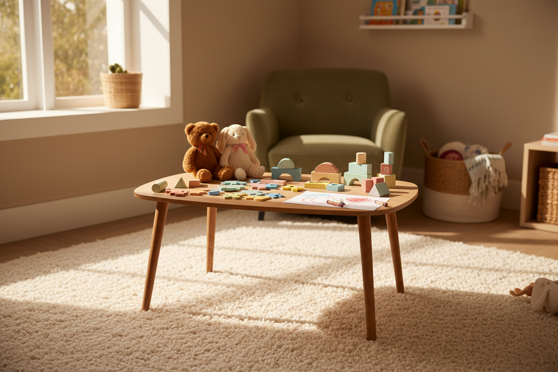 Kids play zone at home with puzzles and plush toys for creative play