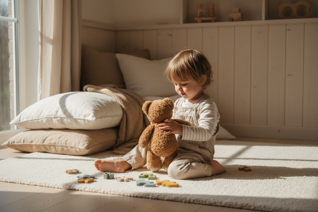Child playing calmly with a teddy bear and puzzle in a safe environment