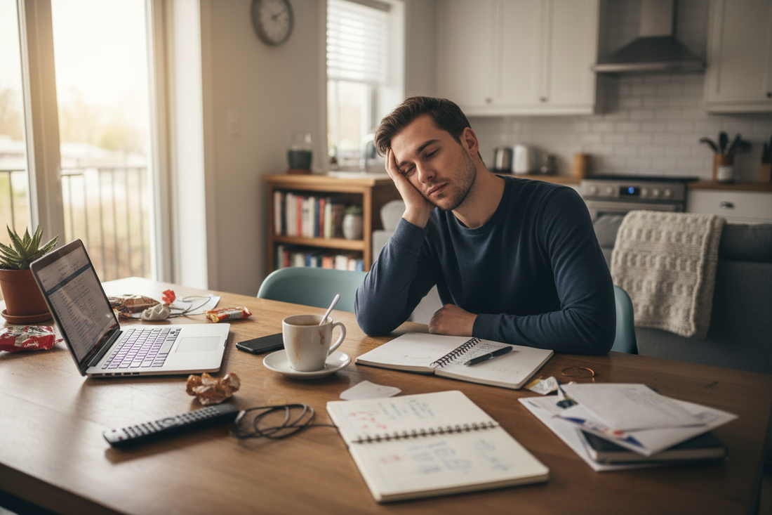 Person feeling mentally tired at home surrounded by everyday tasks and distractions