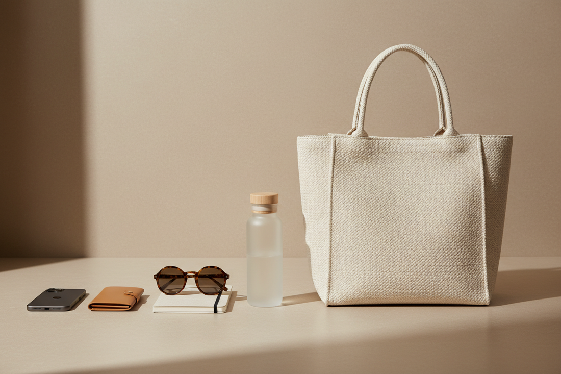 Minimalist styled tote bag with neatly arranged daily essentials