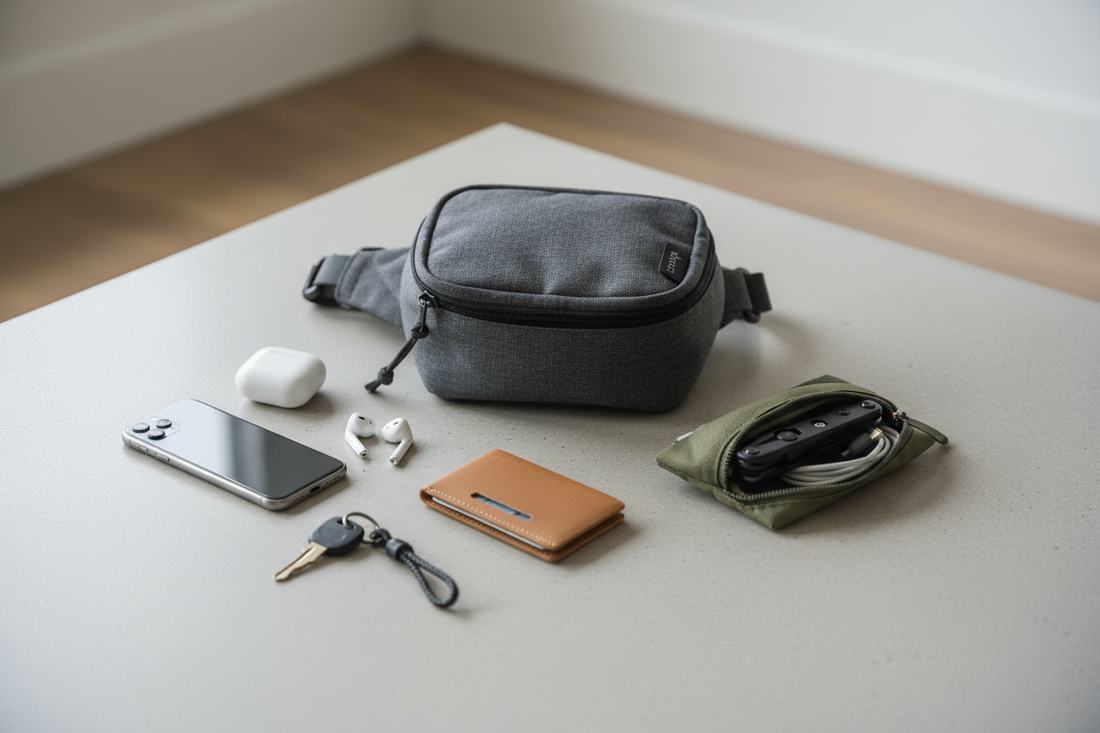 Modern everyday carry essentials including compact bag, phone, wallet, and accessories