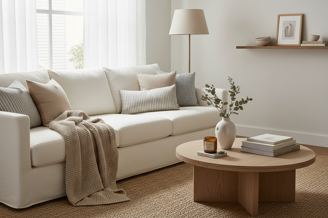 Modern home accessories showcasing simplicity, comfort, and refined everyday luxury in a calm living space