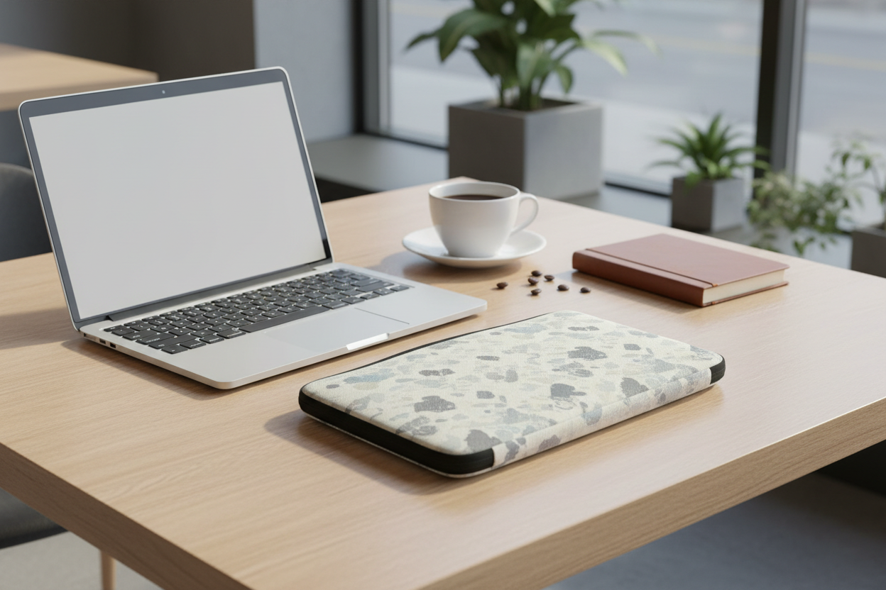 Minimal laptop case used in a modern hybrid work lifestyle