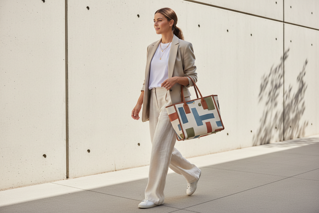 Modern lifestyle scene featuring a tote bag used for everyday carry