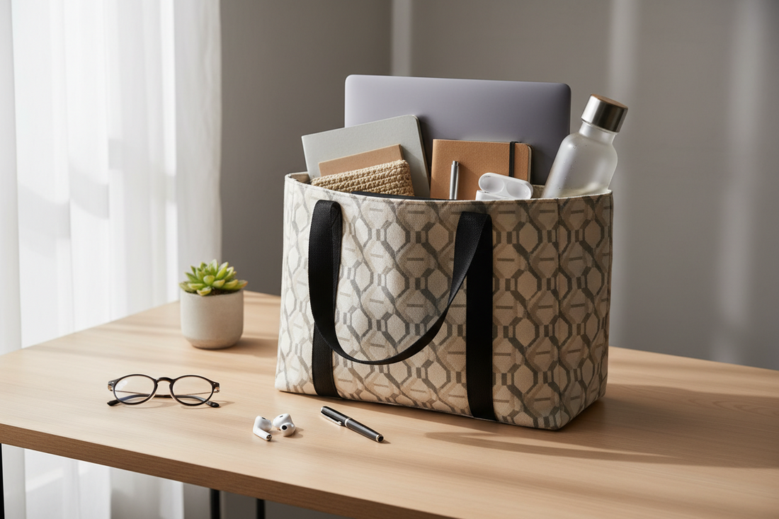 Structured tote bag with everyday essentials arranged neatly inside