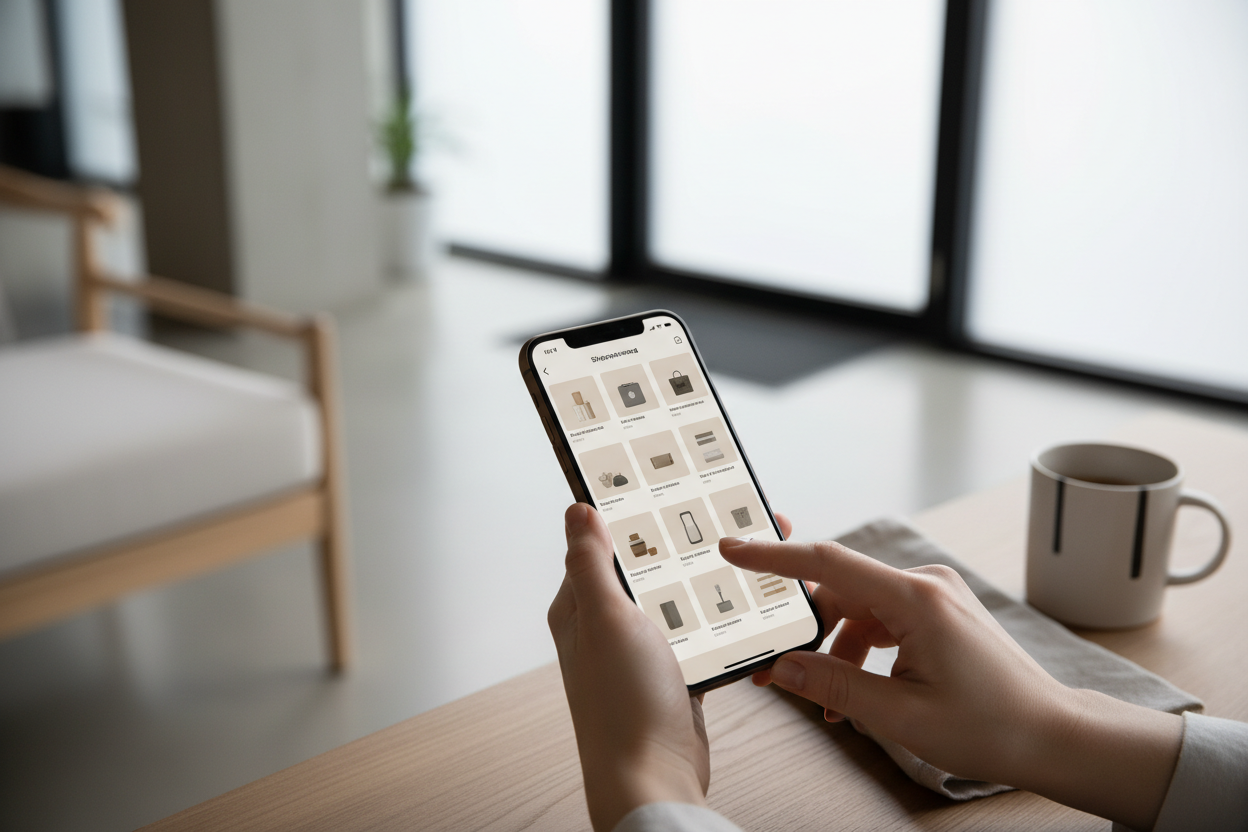 Person quickly browsing products on a smartphone in a modern digital environment