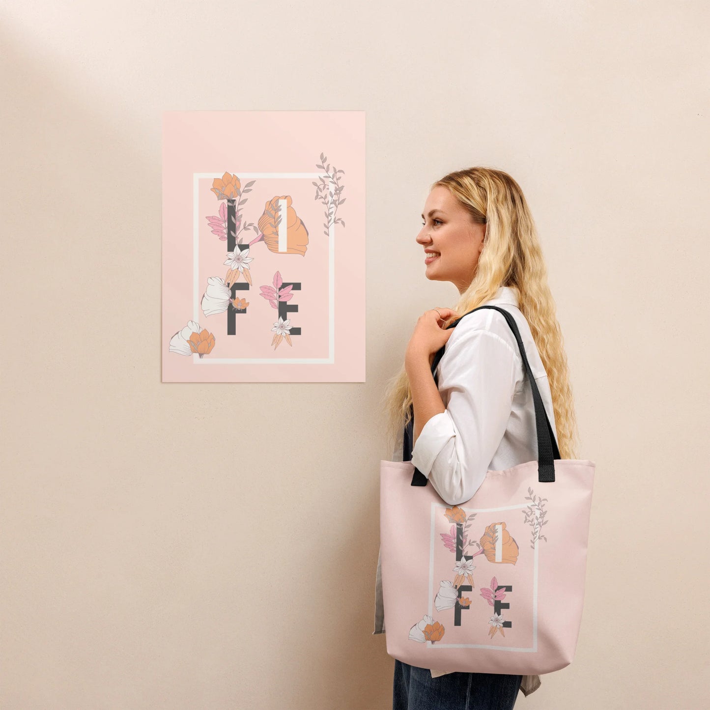 Peach and Pink Flower LIFE Tote Bag