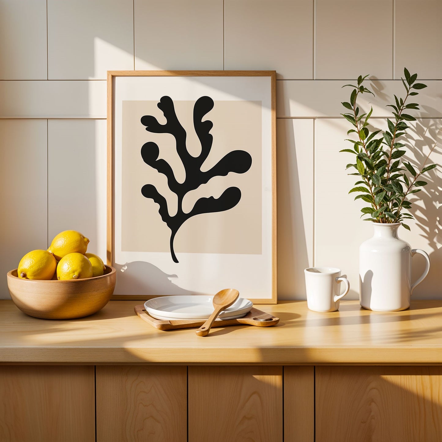 Botanical Art Framed Print Black Beige Leaf