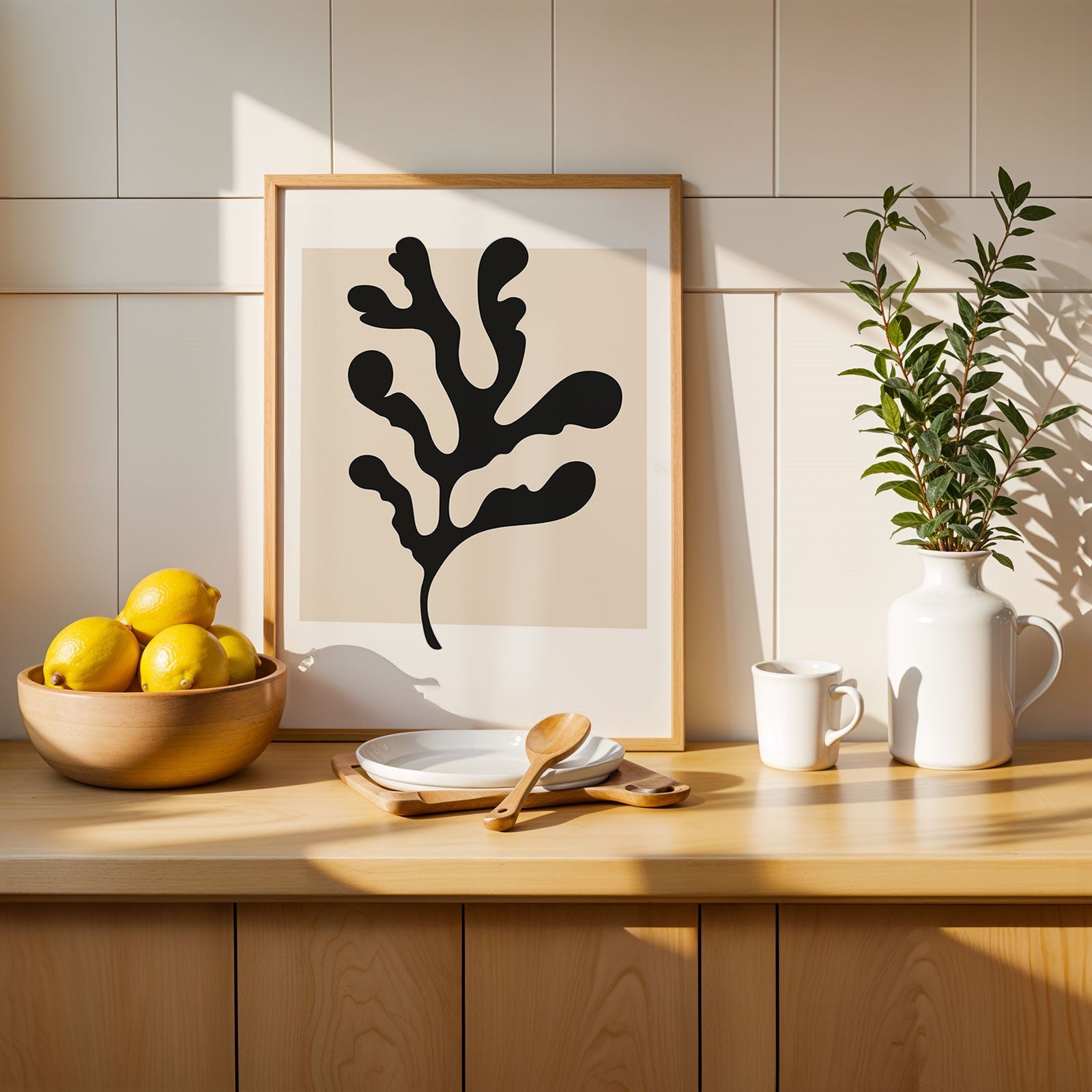 Botanical Art Framed Print Black Beige Leaf