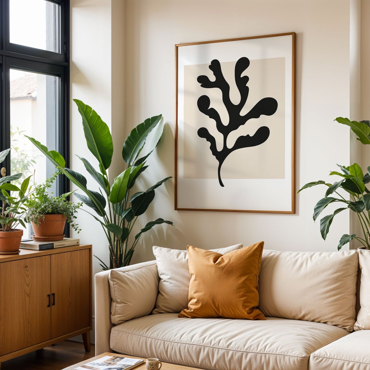 Botanical Art Framed Print Black Beige Leaf