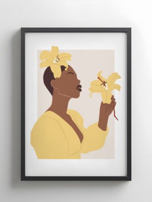 Minimalist Woman with Yellow Lily Wall Art – Modern Abstract Framed Poster