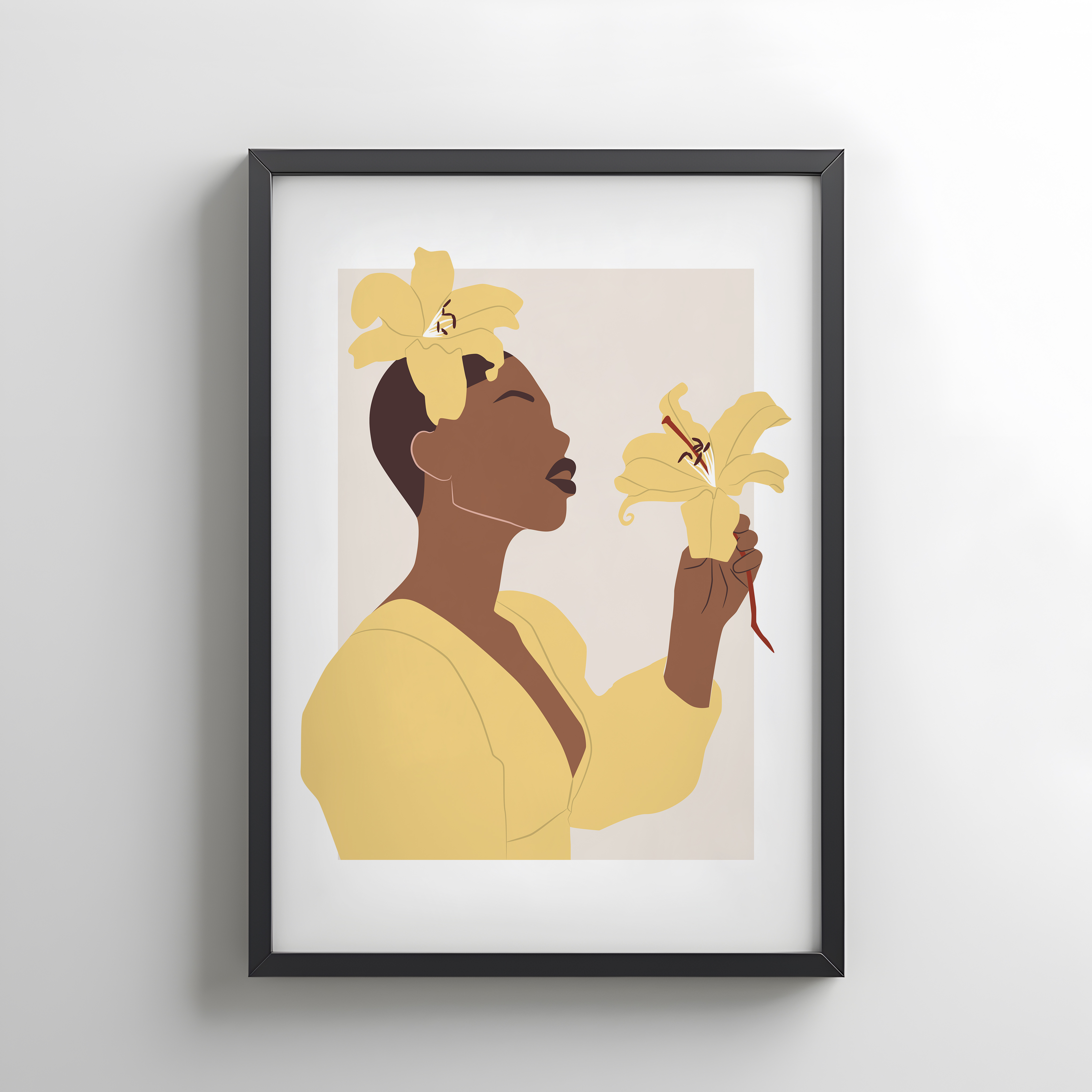 Minimalist Woman with Yellow Lily Wall Art – Modern Abstract Framed Poster